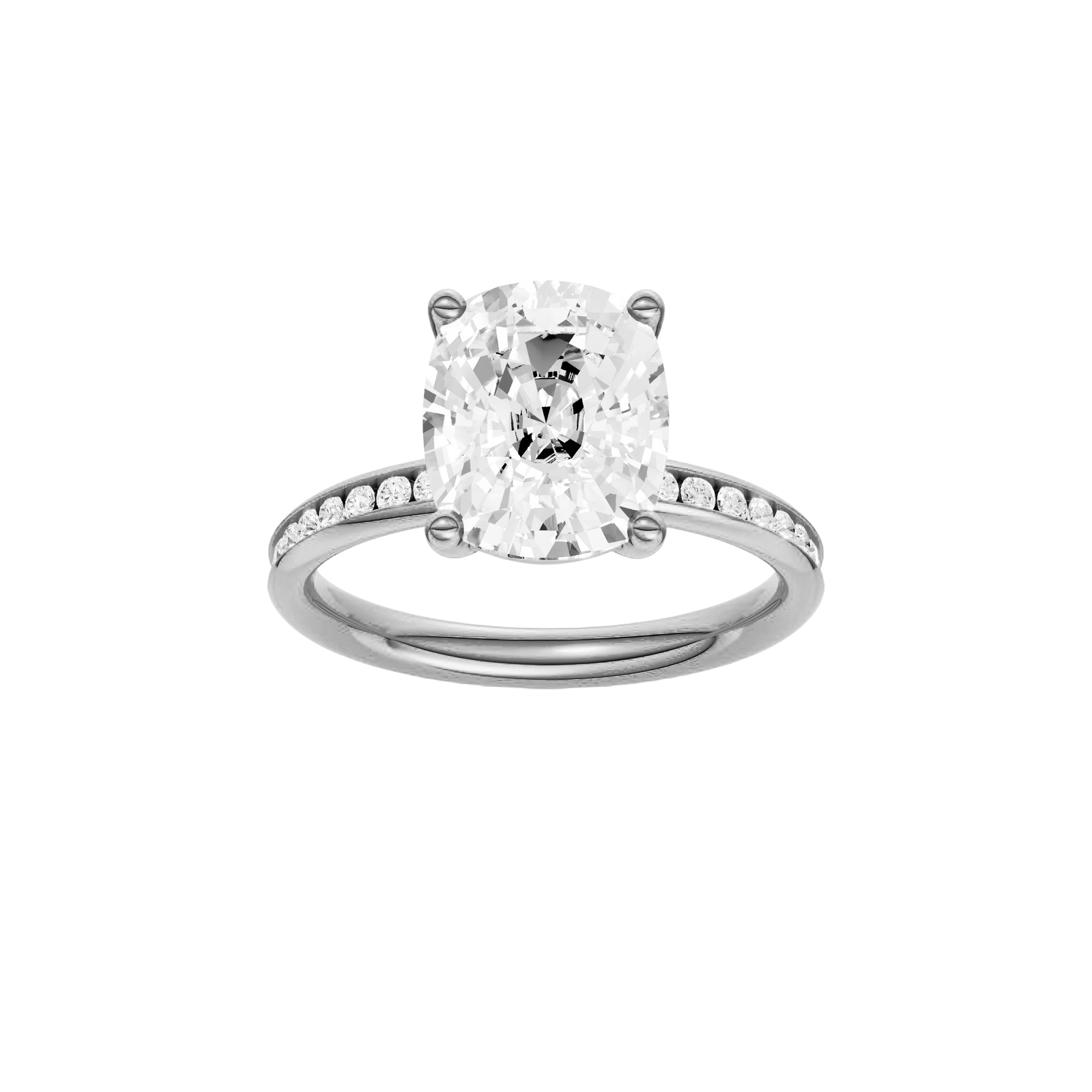 Elongated cushion-cut diamond engagement ring with a channel-set diamond band and solitaire setting.