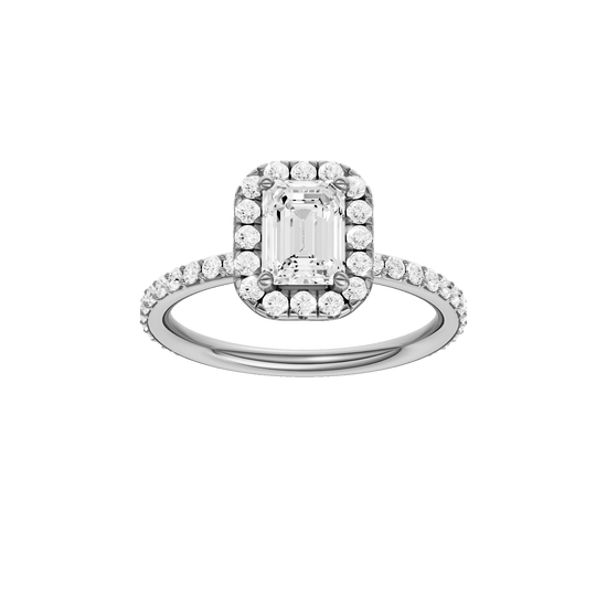 Emerald-cut diamond engagement ring with a prong-set diamond band and halo setting.