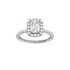 Emerald-cut diamond engagement ring with a prong-set diamond band and halo setting.
