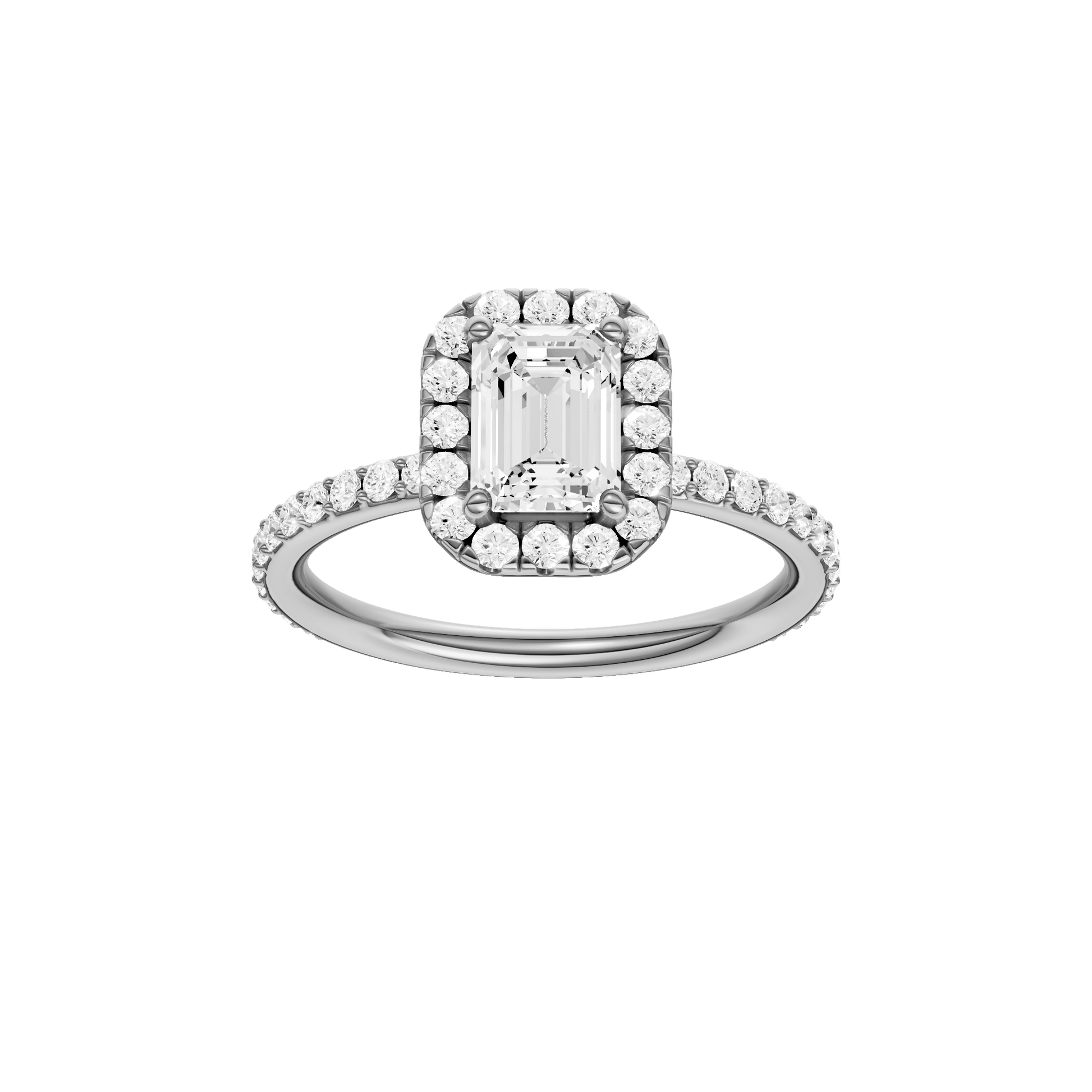 Emerald-cut diamond engagement ring with a prong-set diamond band and halo setting.
