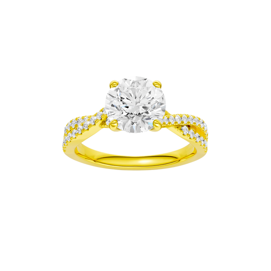 Round-cut diamond engagement ring in 14k yellow gold with a prong-set diamond band and twist setting