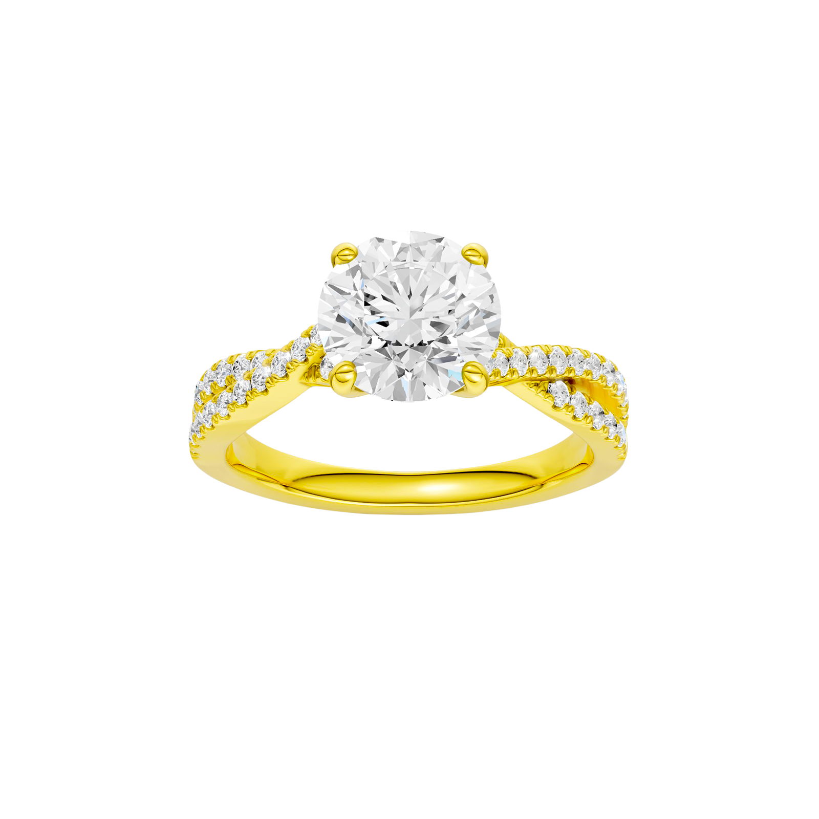 Round-cut diamond engagement ring in 14k yellow gold with a prong-set diamond band and twist setting