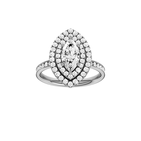 Marquise-cut diamond engagement ring with a channel-set diamond band and double-halo setting.