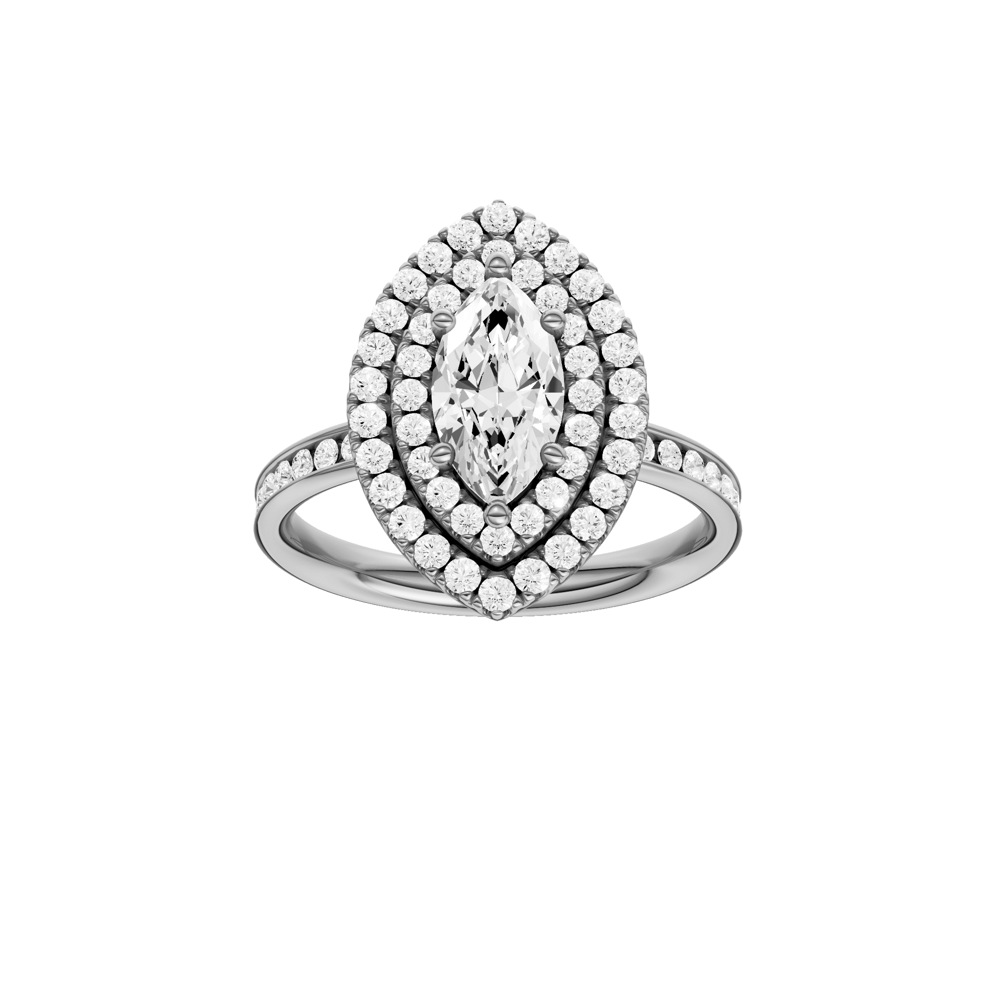 Marquise-cut diamond engagement ring with a channel-set diamond band and double-halo setting.