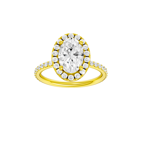 Oval-cut diamond engagement ring with a prong-set diamond band and halo setting.