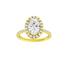 Oval-cut diamond engagement ring with a prong-set diamond band and halo setting.