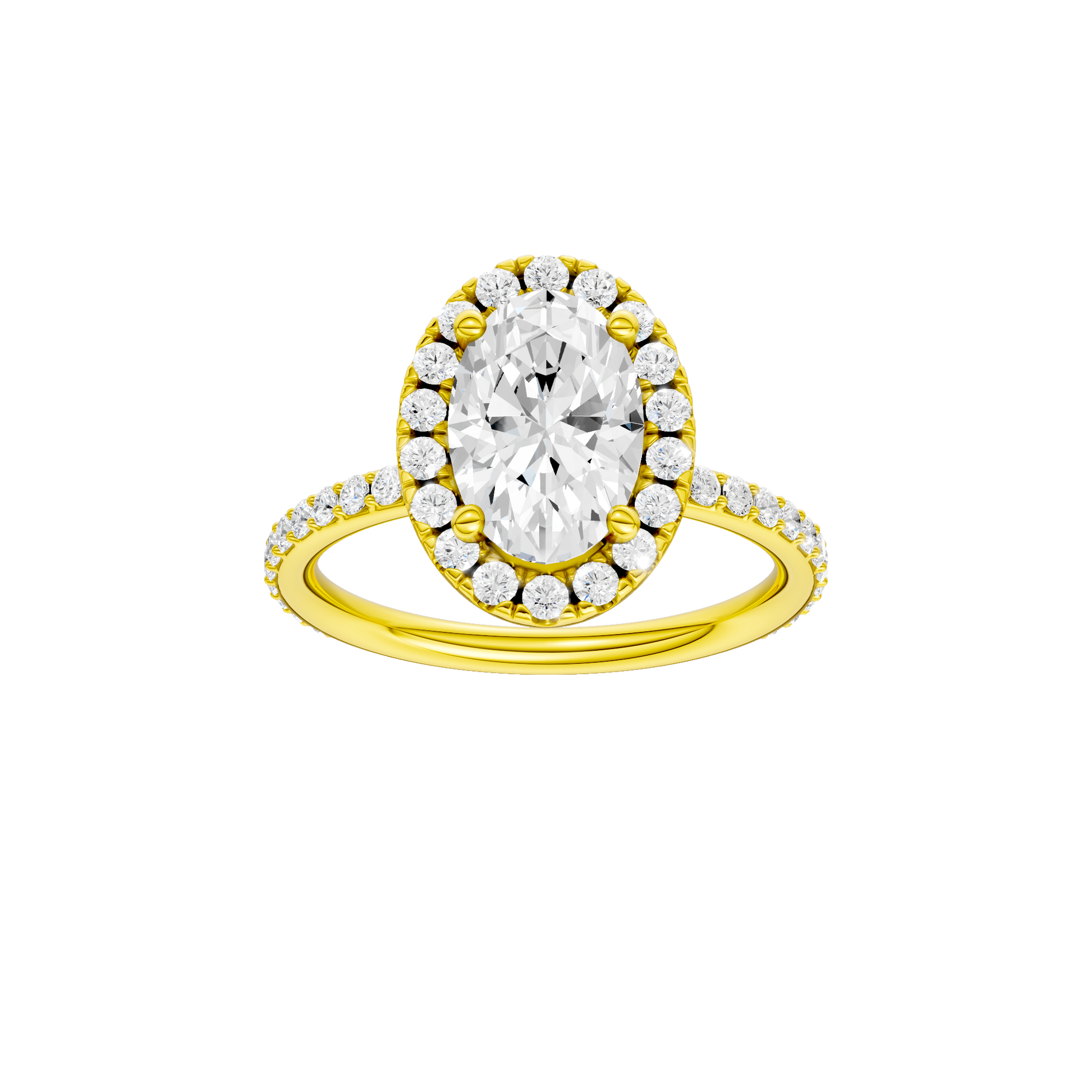 Oval-cut diamond engagement ring with a prong-set diamond band and halo setting.