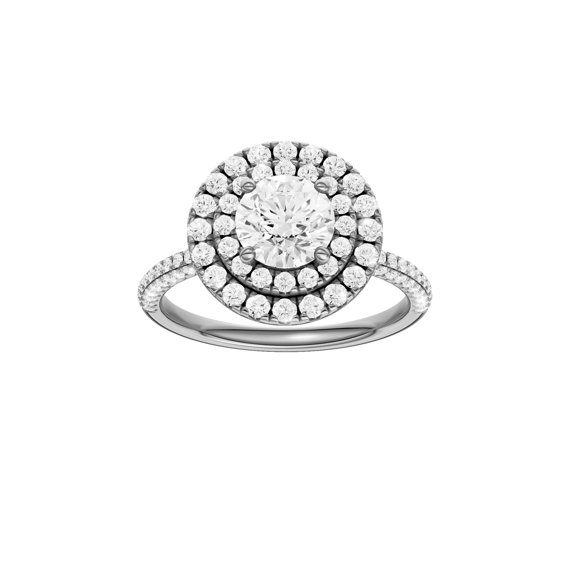Round-cut diamond engagement ring with a pavé-set diamond band and double-halo setting.
