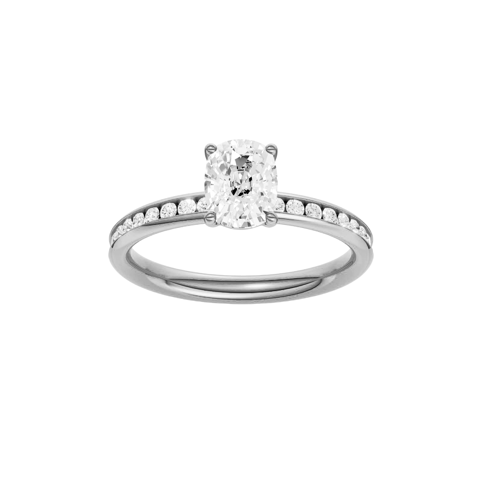 Elongated cushion-cut diamond engagement ring with a channel-set diamond band and solitaire setting.