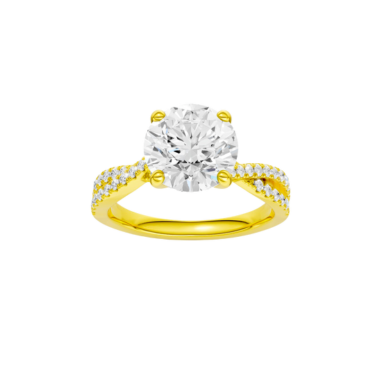 Round-cut diamond engagement ring in 14k yellow gold with a prong-set diamond band and twist setting