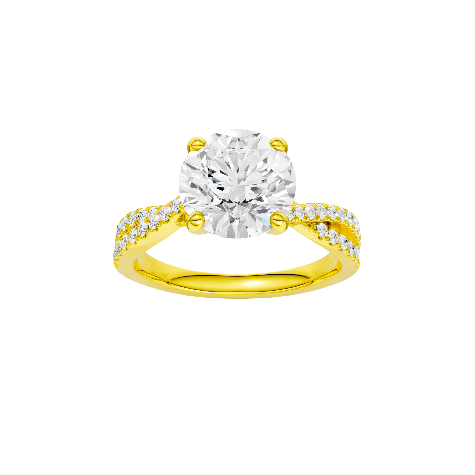 Round-cut diamond engagement ring in 14k yellow gold with a prong-set diamond band and twist setting