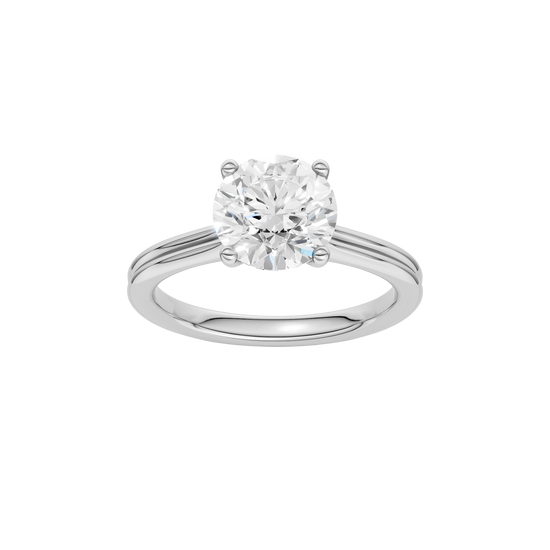 Round-cut diamond engagement ring with a plain band and solitaire setting.