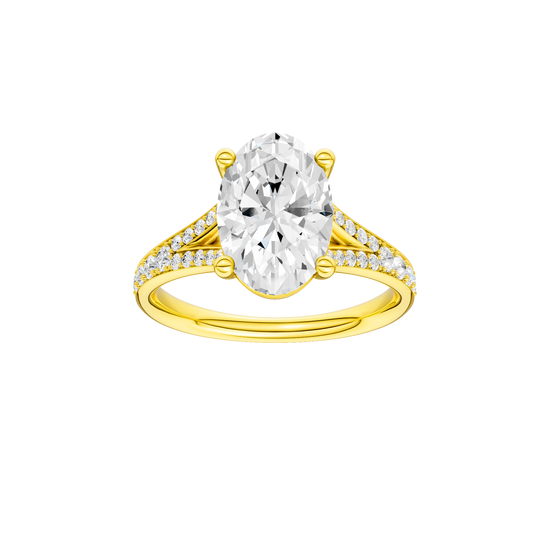 Oval-cut diamond engagement ring with a channel-set diamond band and solitaire setting.