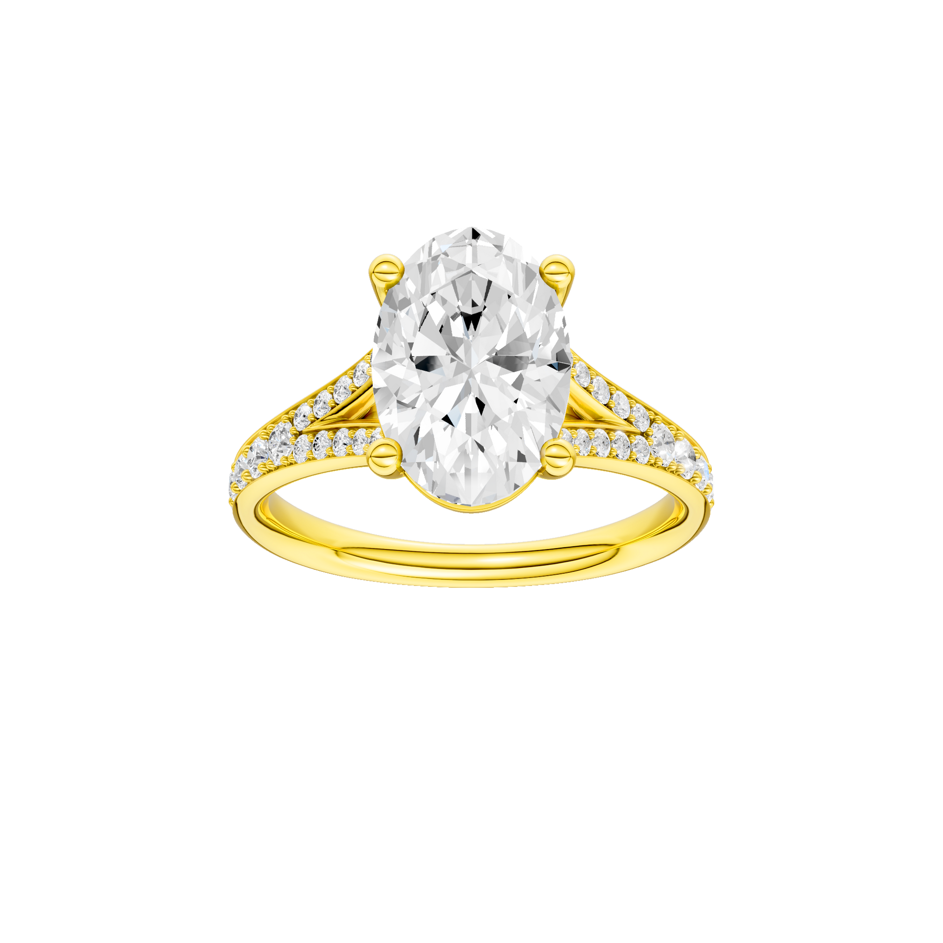 Oval-cut diamond engagement ring with a channel-set diamond band and solitaire setting.
