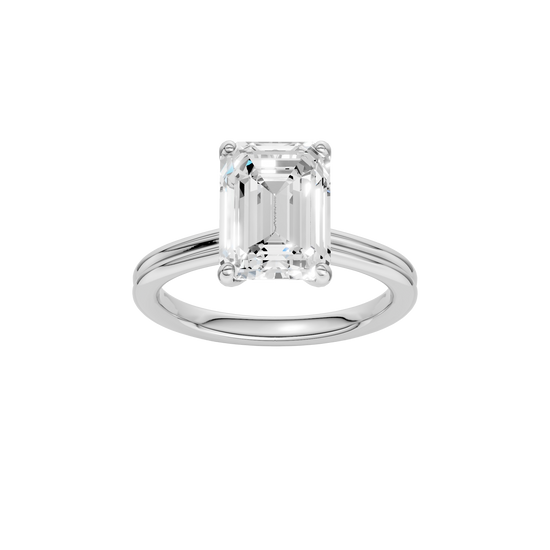 Emerald-cut diamond engagement ring with a plain band and solitaire setting.