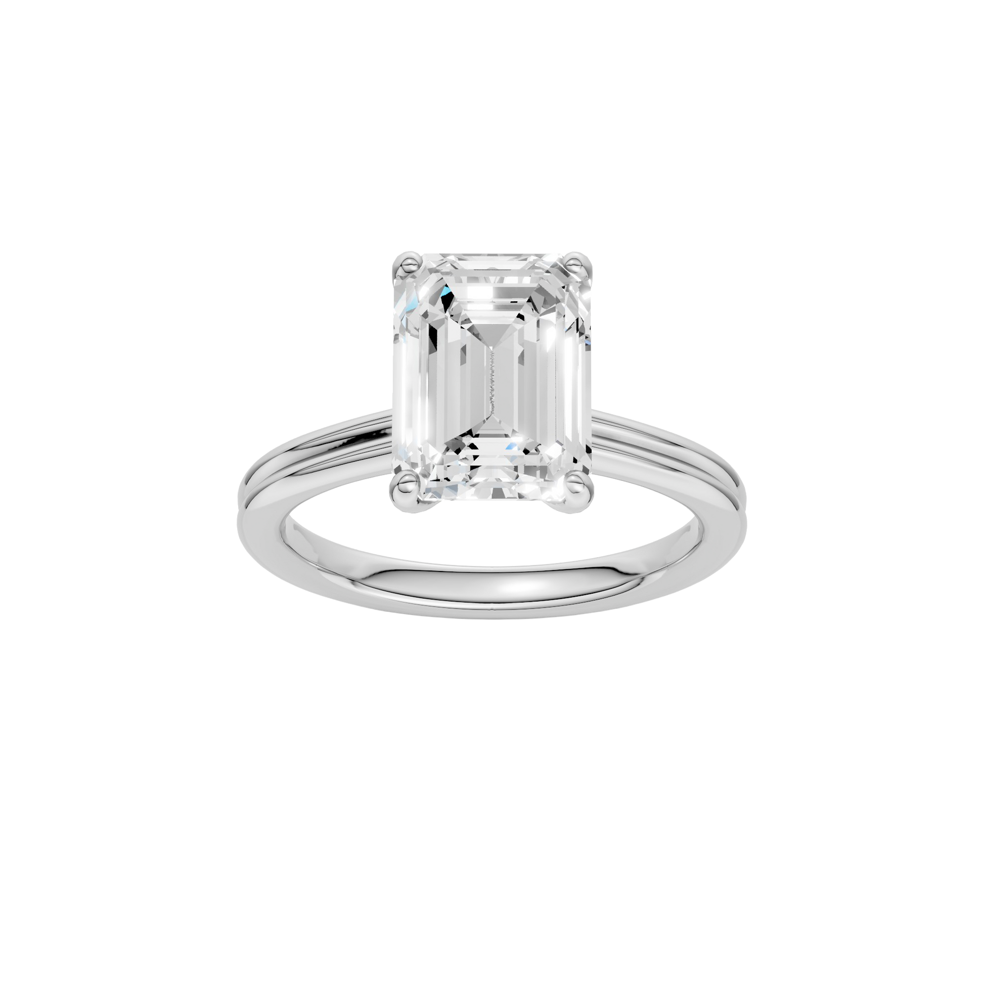 Emerald-cut diamond engagement ring with a plain band and solitaire setting.