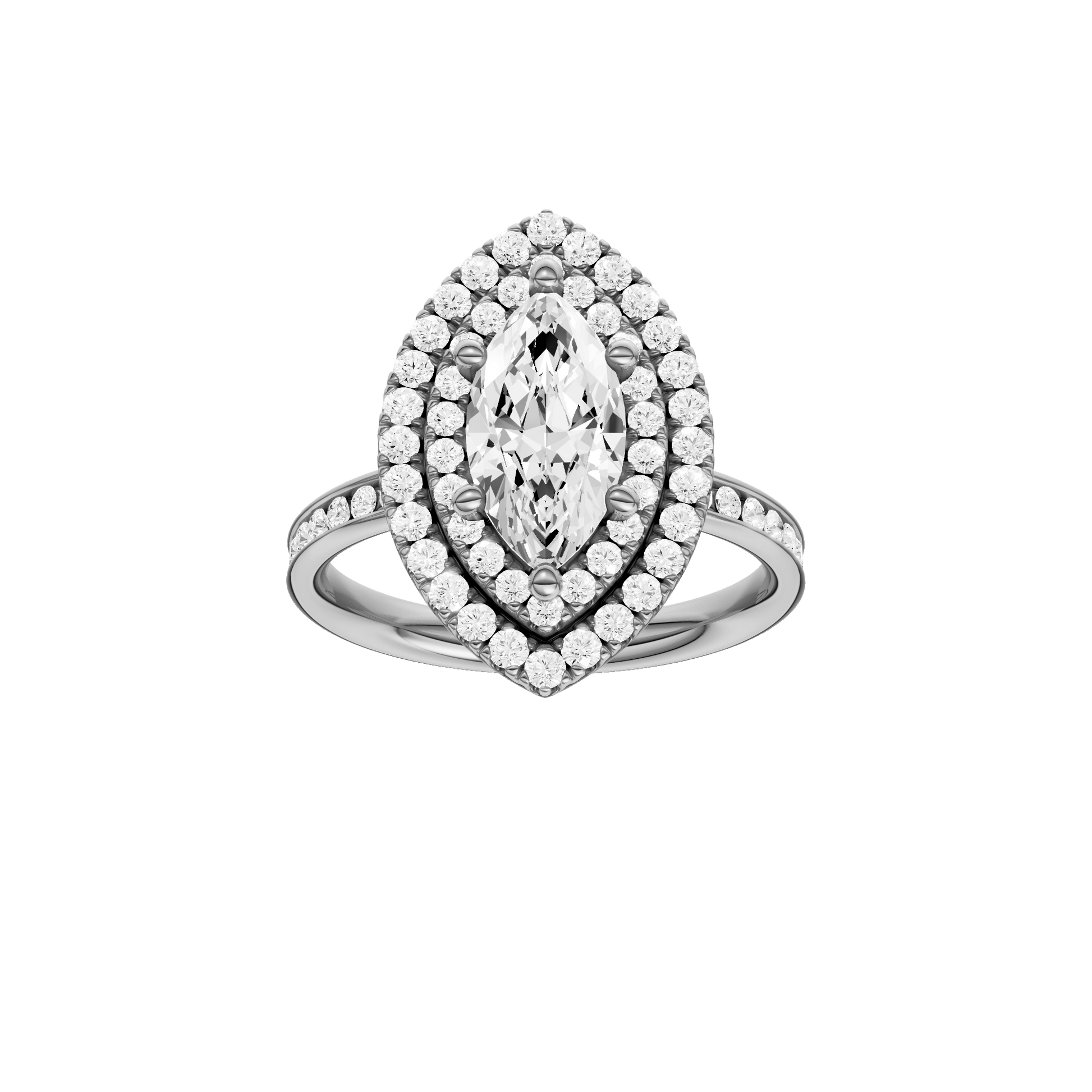 Marquise-cut diamond engagement ring with a channel-set diamond band and double-halo setting.