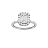 Emerald-cut diamond engagement ring with a prong-set diamond band and halo setting.