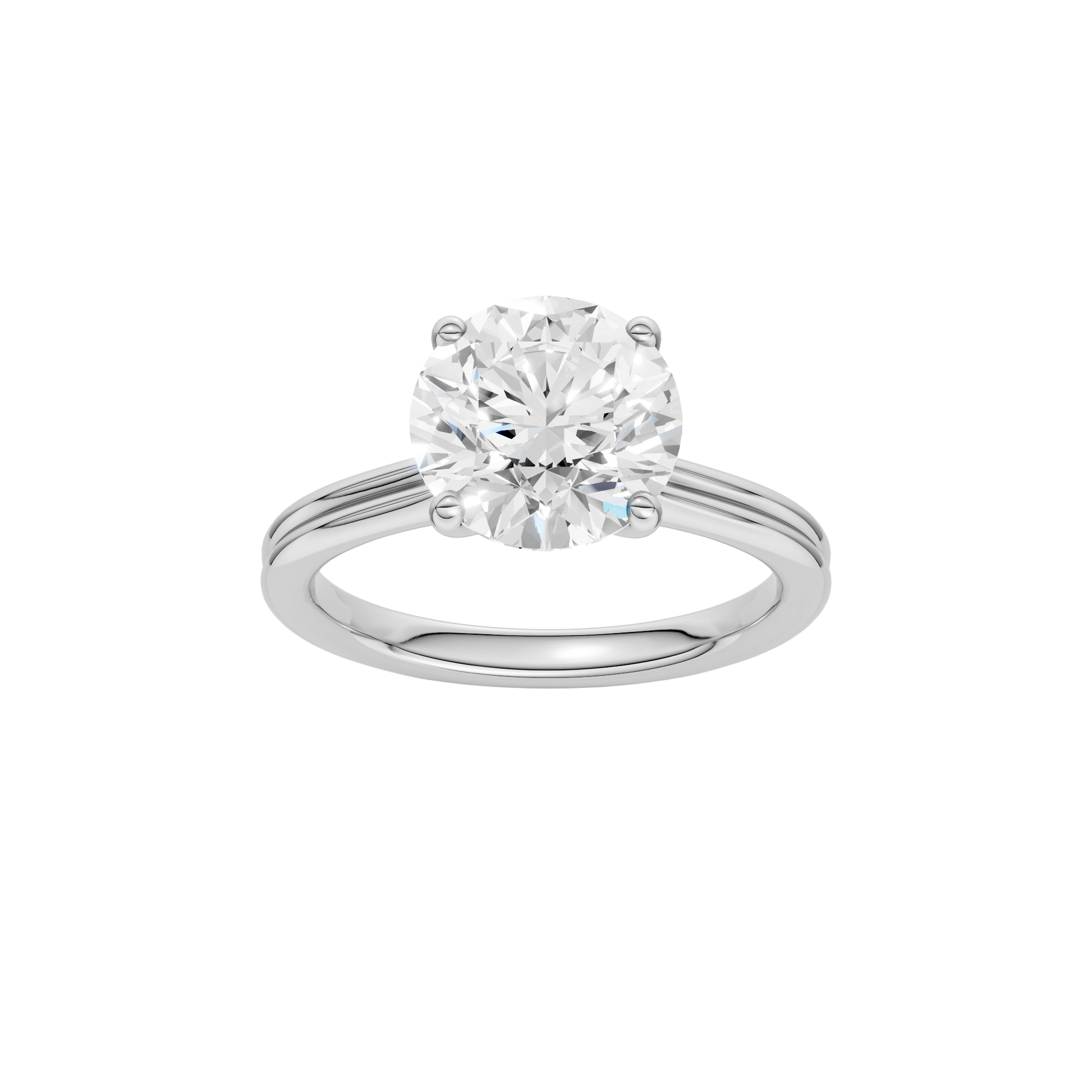 Round-cut diamond engagement ring with a plain band and solitaire setting.