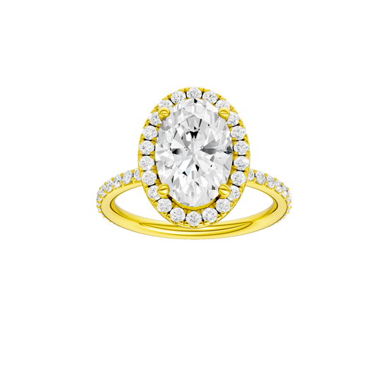 Oval-cut diamond engagement ring with a prong-set diamond band and halo setting.
