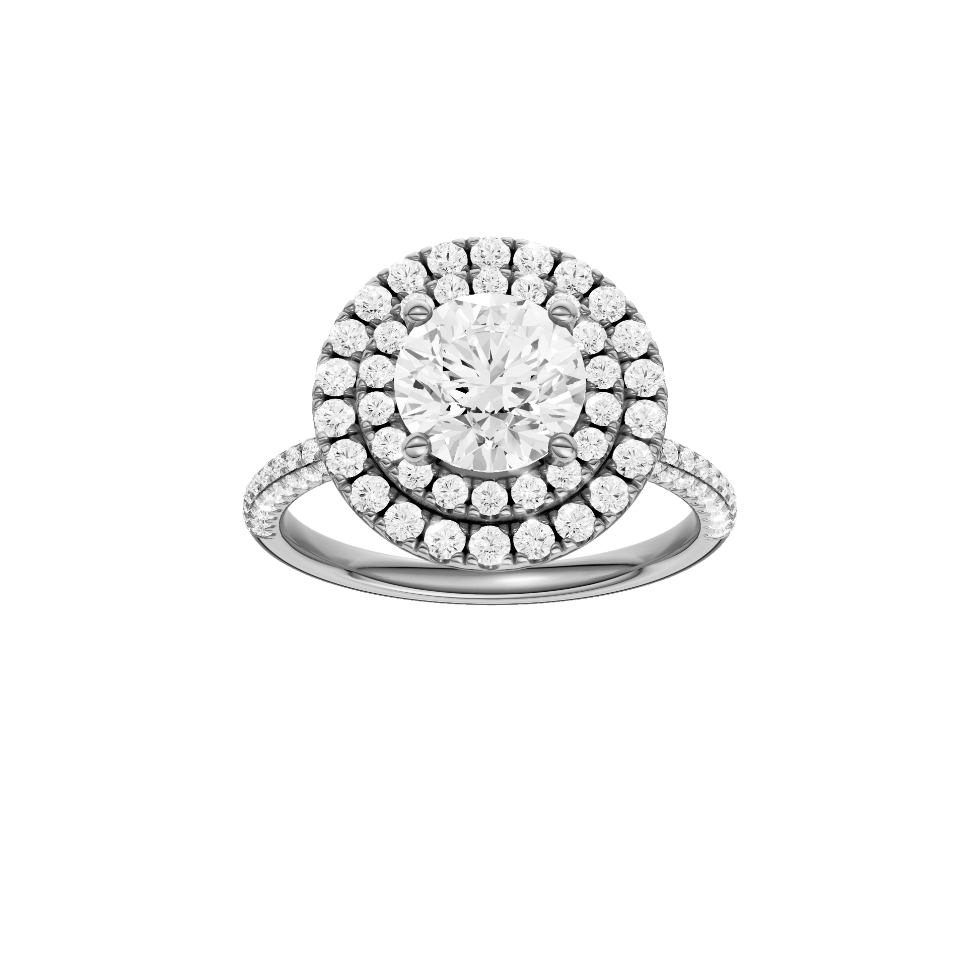 Round-cut diamond engagement ring with a pavé-set diamond band and double-halo setting.
