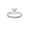 Elongated cushion-cut diamond engagement ring with a channel-set diamond band and solitaire setting.