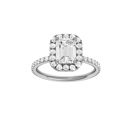 Emerald-cut diamond engagement ring with a prong-set diamond band and halo setting.