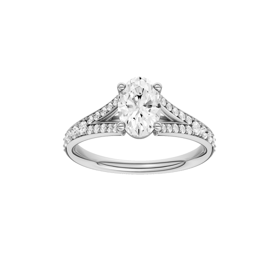 Oval-cut diamond engagement ring with a channel-set diamond band and solitaire setting.