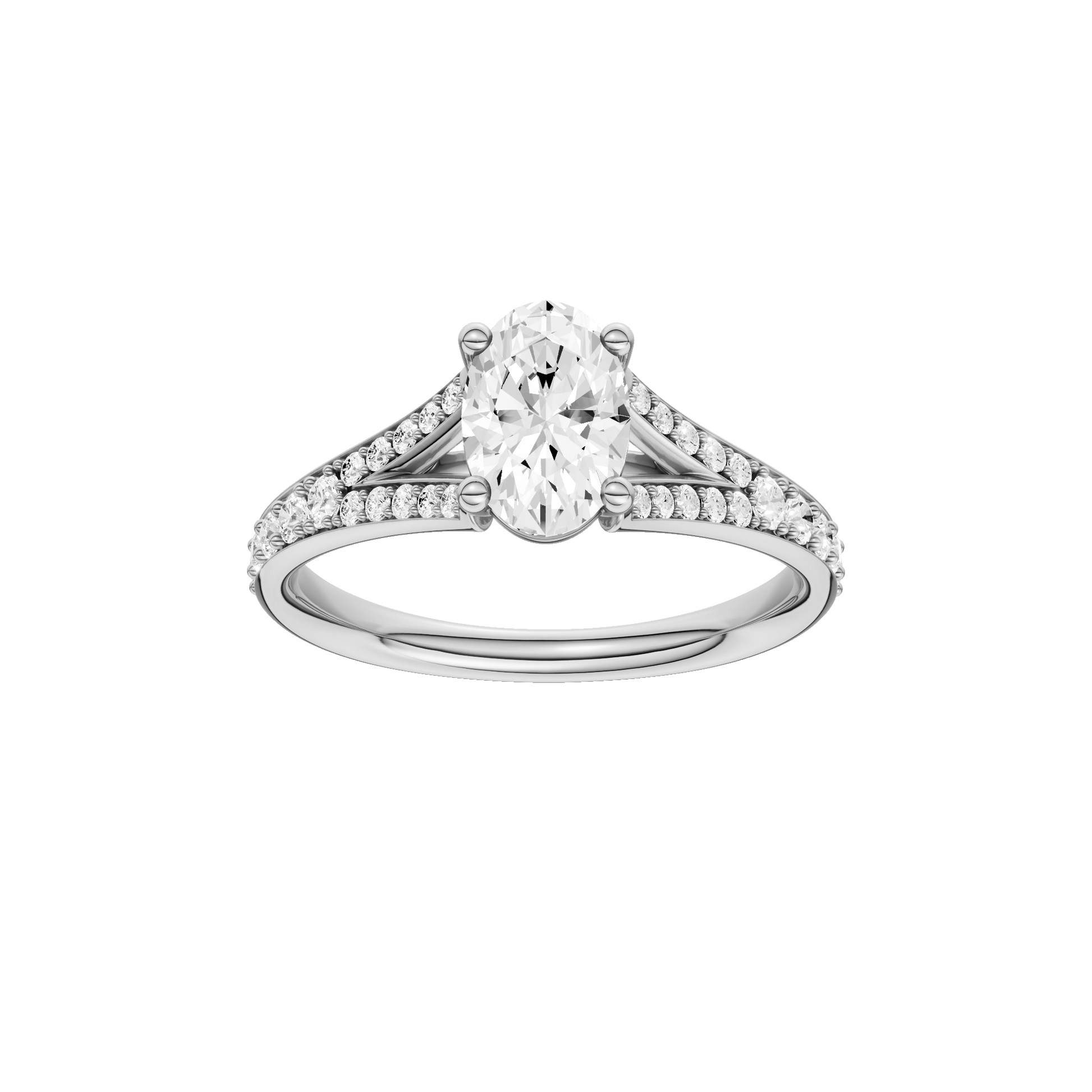 Oval-cut diamond engagement ring with a channel-set diamond band and solitaire setting.