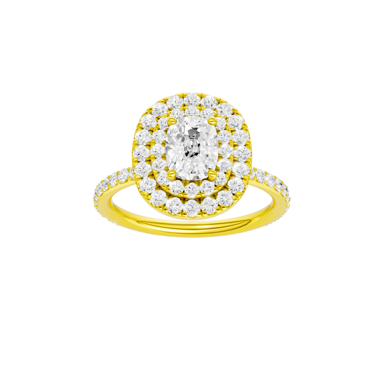 Elongated cushion-cut diamond engagement ring with a prong-set diamond band and double-halo setting.