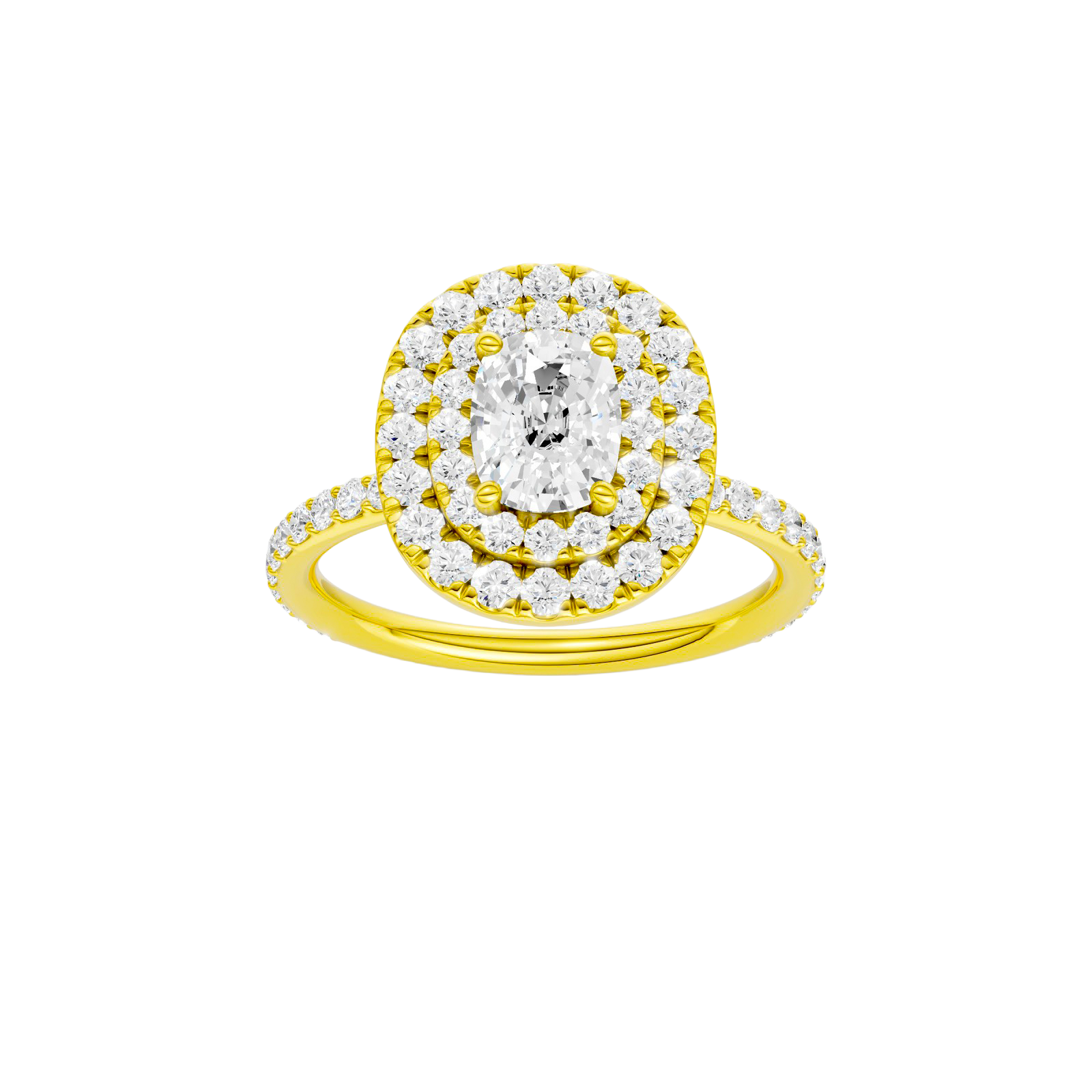 Elongated cushion-cut diamond engagement ring with a prong-set diamond band and double-halo setting.