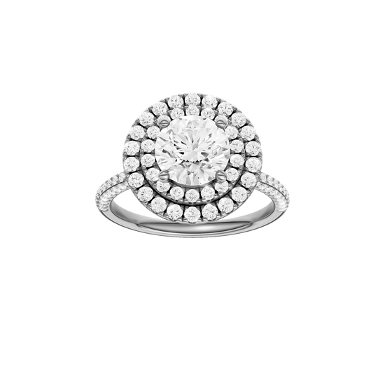 Round-cut diamond engagement ring with a pavé-set diamond band and double-halo setting.