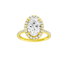 Oval-cut diamond engagement ring with a prong-set diamond band and halo setting.