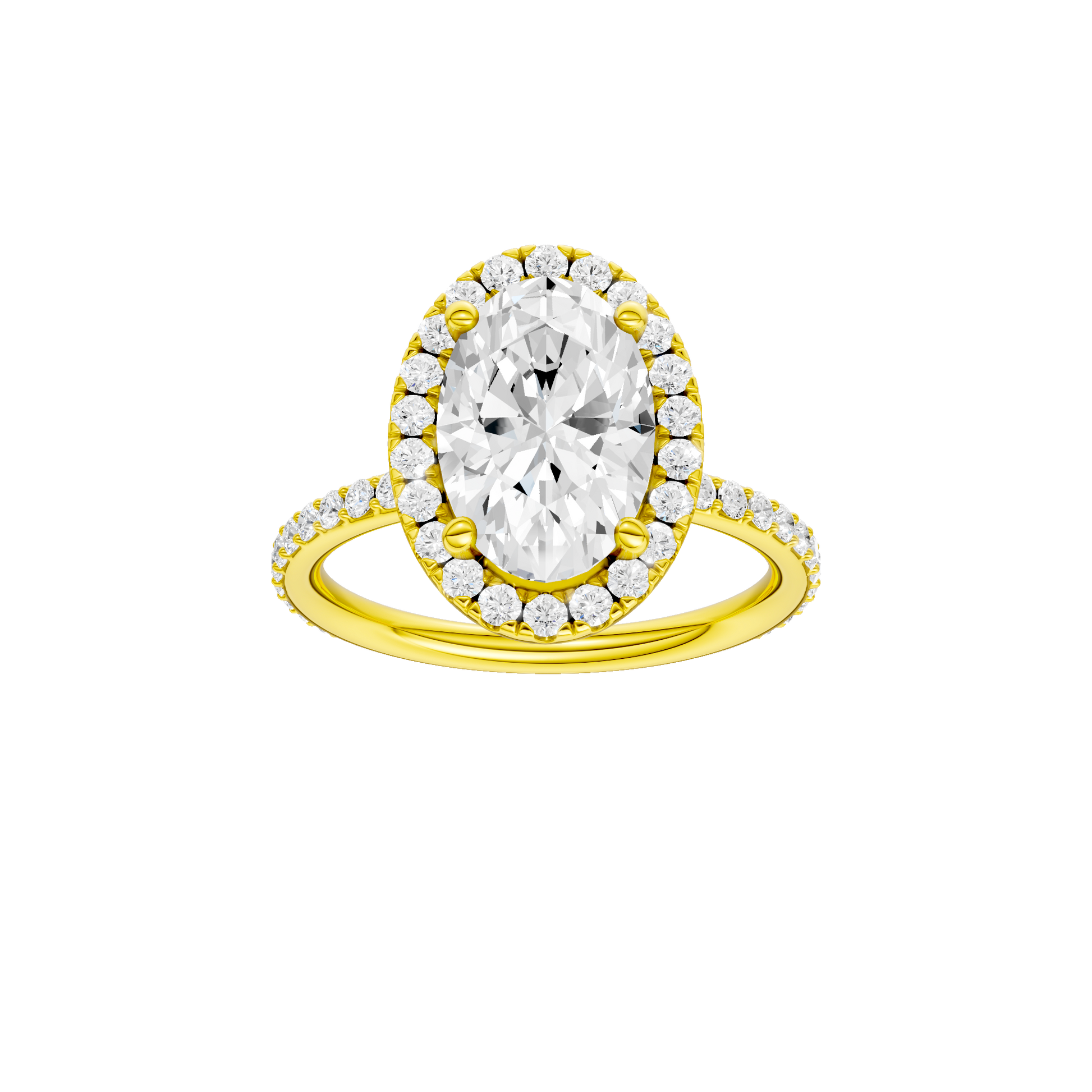 Oval-cut diamond engagement ring with a prong-set diamond band and halo setting.