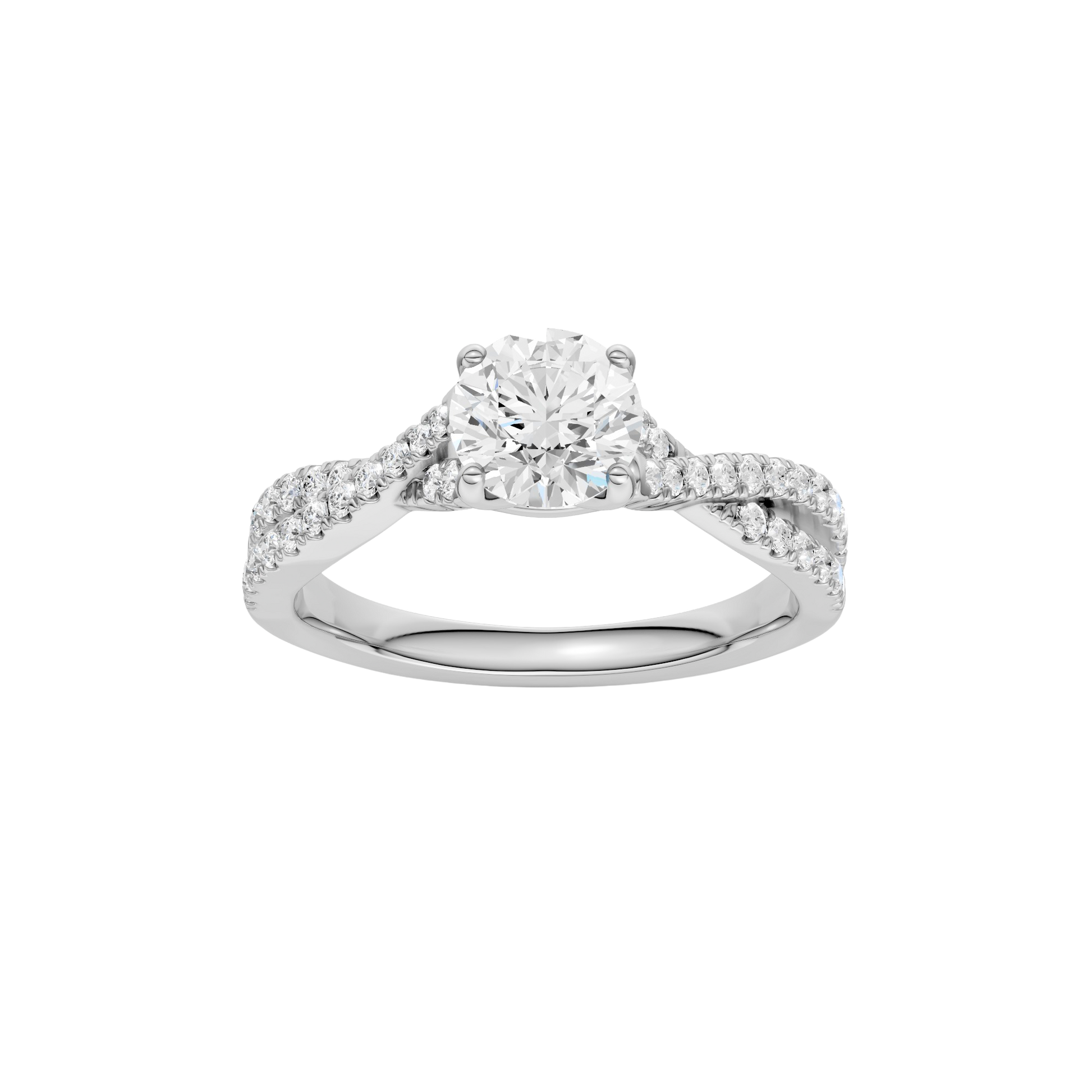 Round-cut diamond engagement ring in 14k white gold with a prong-set diamond band and twist setting
