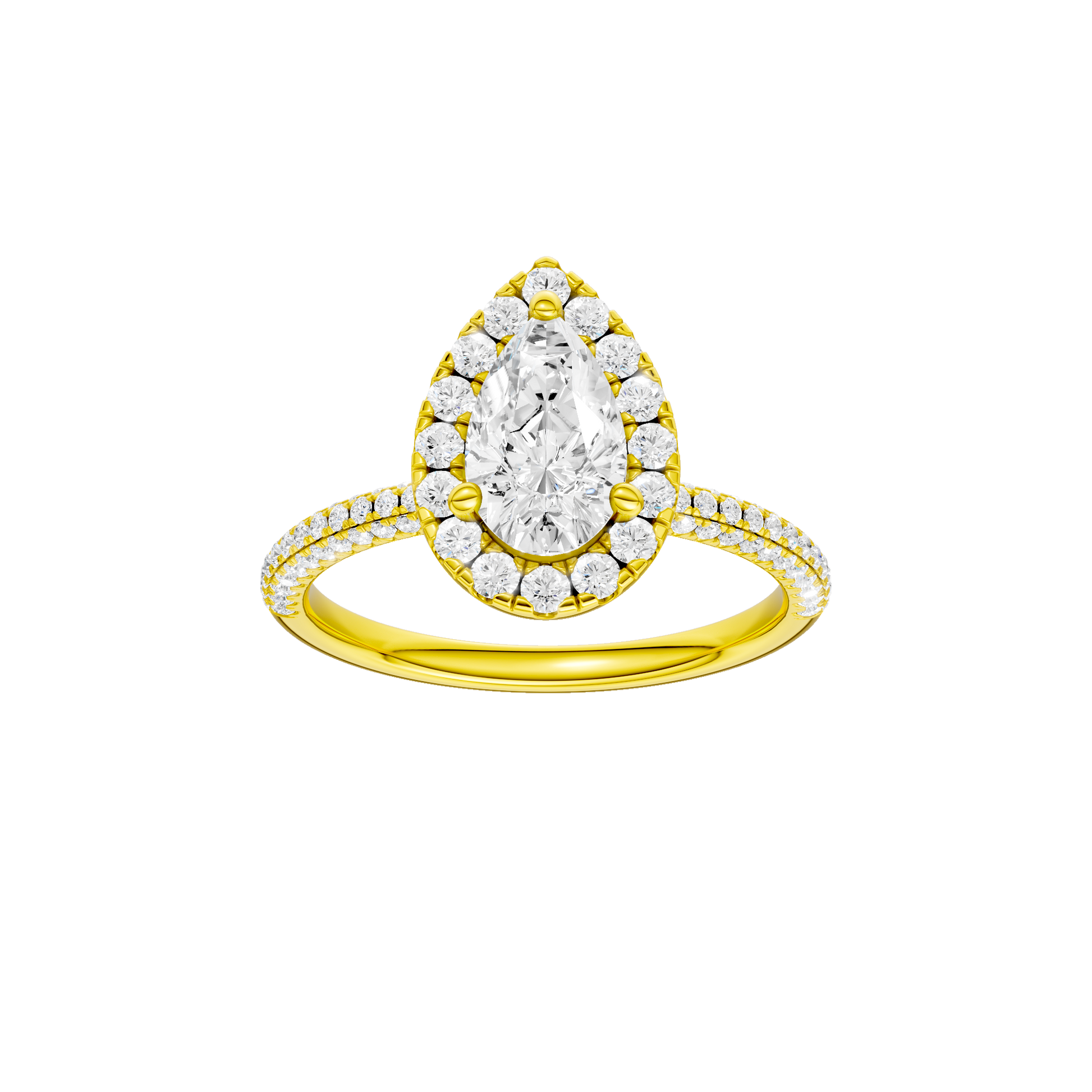 Pear-cut diamond engagement ring with a pavé-set diamond band and halo setting.