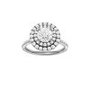 Round-cut diamond engagement ring with a pavé-set diamond band and double-halo setting.