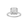 Princess-cut diamond engagement ring with a prong-set diamond band and halo setting.