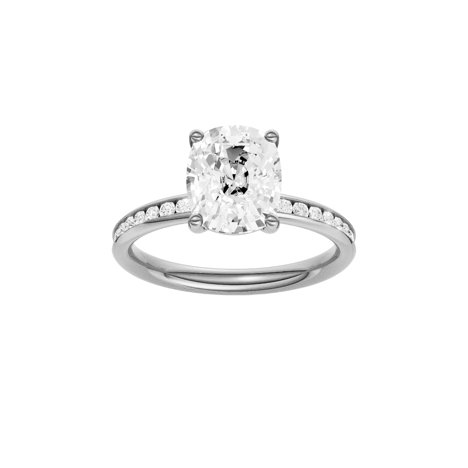 Elongated cushion-cut diamond engagement ring with a channel-set diamond band and solitaire setting.
