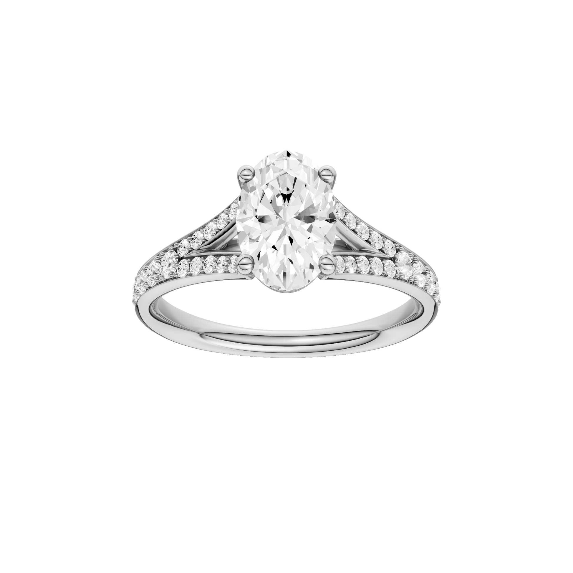 Oval-cut diamond engagement ring with a channel-set diamond band and solitaire setting.