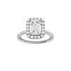 Emerald-cut diamond engagement ring with a prong-set diamond band and halo setting.