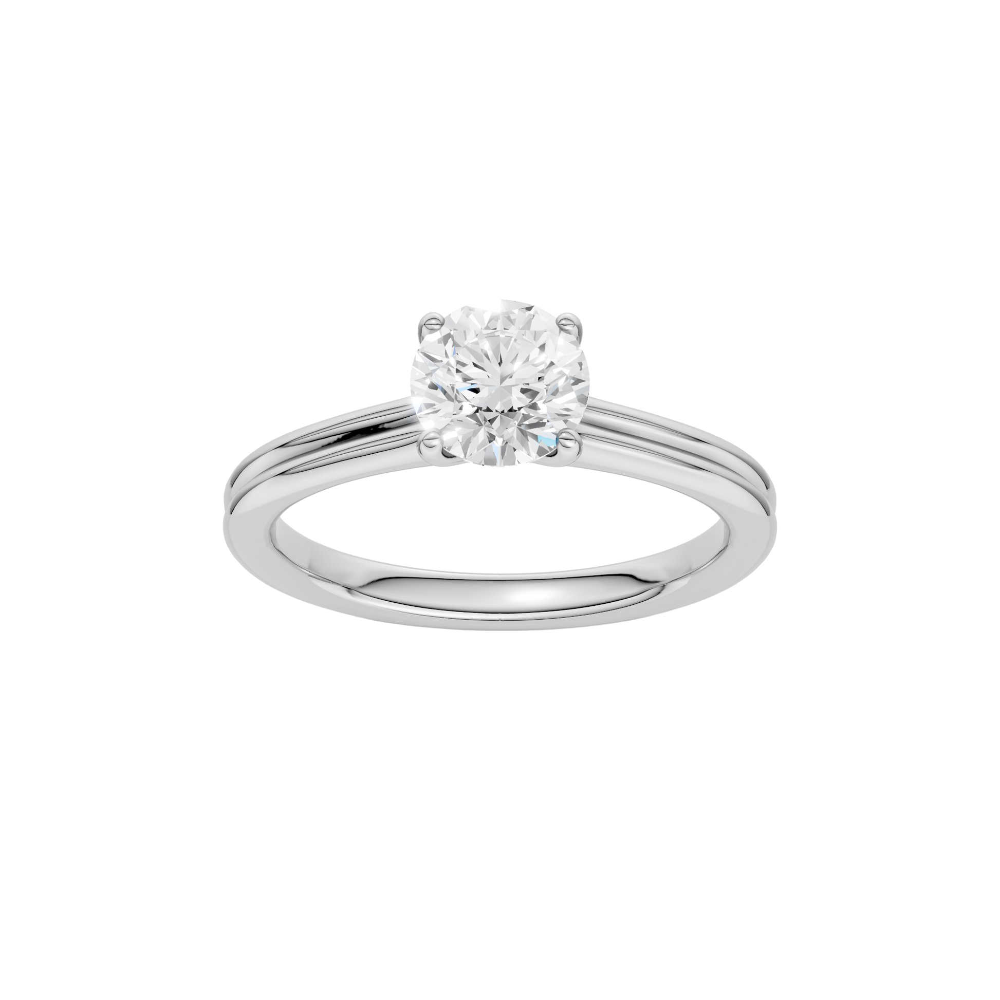 Round-cut diamond engagement ring with a plain band and solitaire setting.