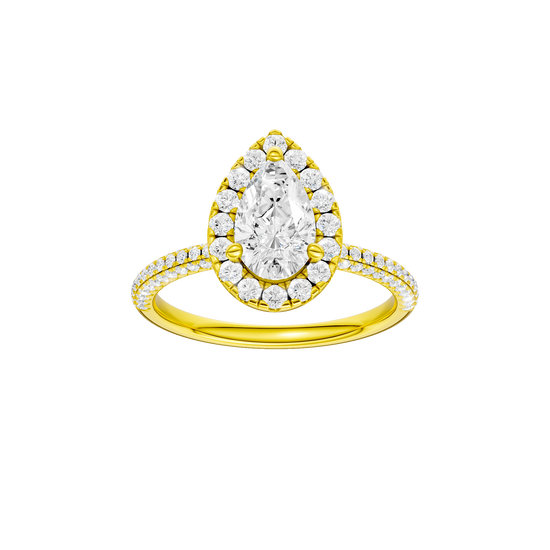 Pear-cut diamond engagement ring with a pavé-set diamond band and halo setting.