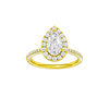 Pear-cut diamond engagement ring with a pavé-set diamond band and halo setting.