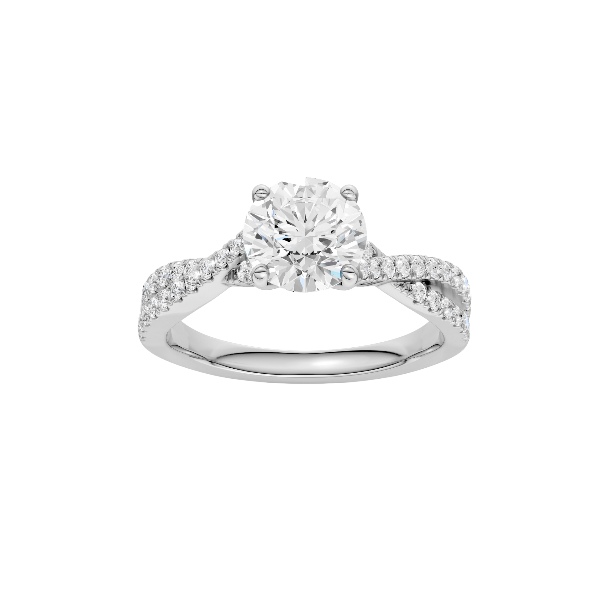Round-cut diamond engagement ring in 14k white gold with a prong-set diamond band and twist setting