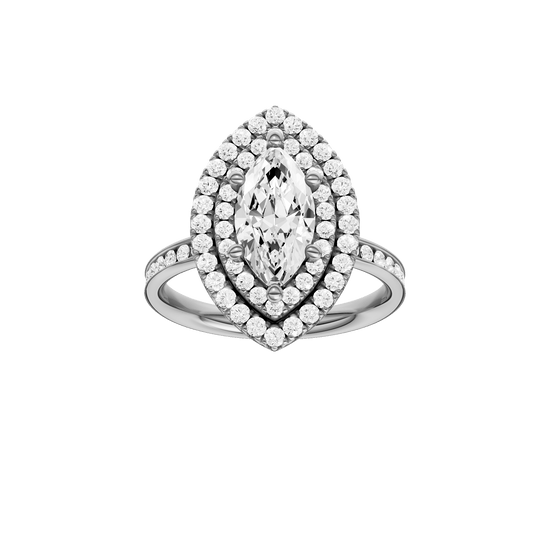 Marquise-cut diamond engagement ring with a channel-set diamond band and double-halo setting.