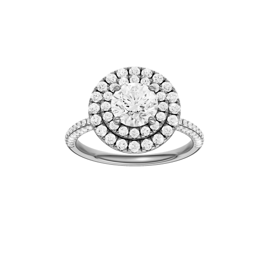 Round-cut diamond engagement ring with a pavé-set diamond band and double-halo setting.