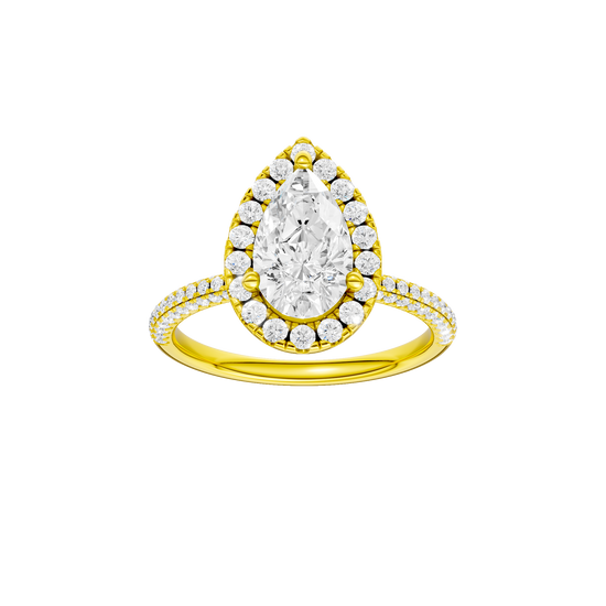 Pear-cut diamond engagement ring with a pavé-set diamond band and halo setting.