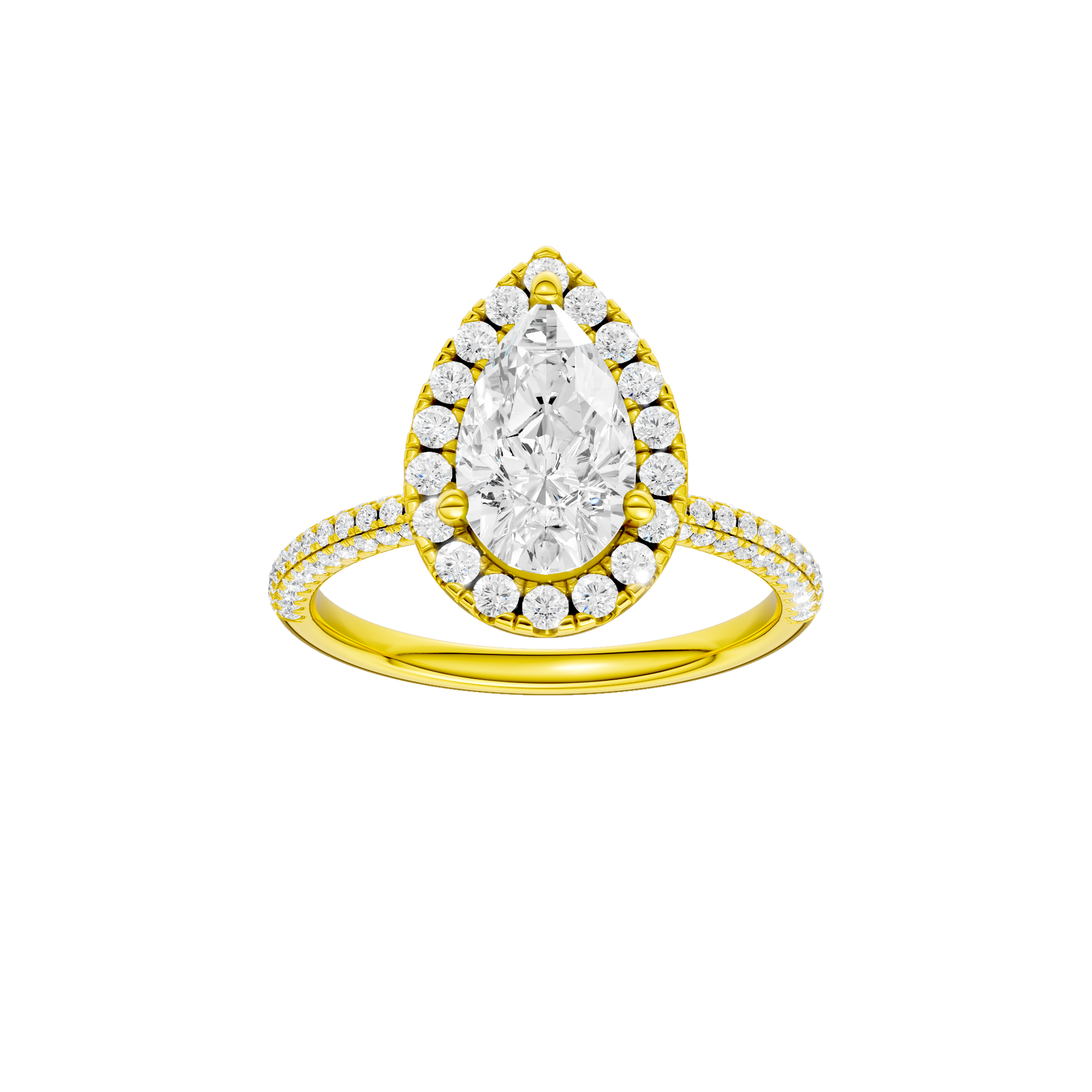 Pear-cut diamond engagement ring with a pavé-set diamond band and halo setting.