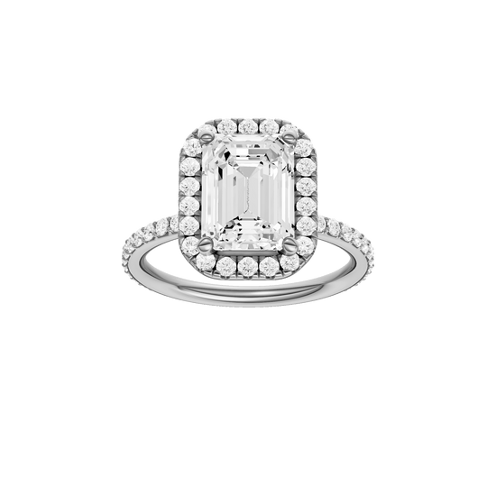 Emerald-cut diamond engagement ring with a prong-set diamond band and halo setting.